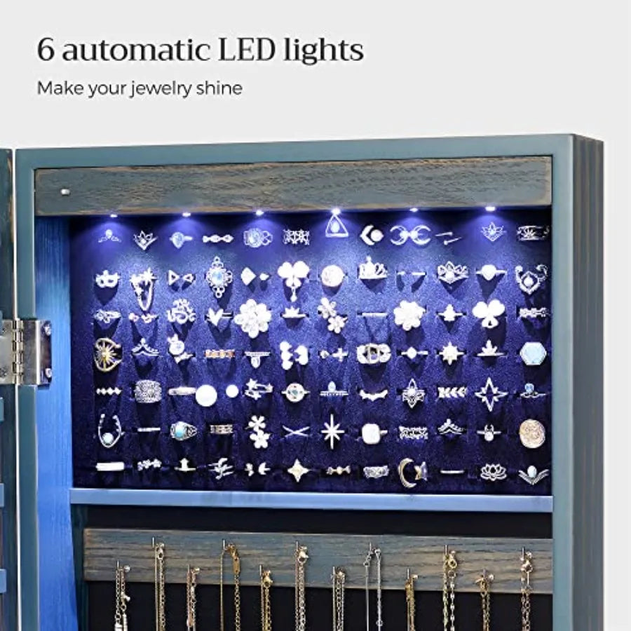 6 LEDs Jewelry Cabinet christmas gifts for women Lockable 47.3" H Wall/Door Mounted Jewelry Armoire Organizer with Mirror 2 Dra