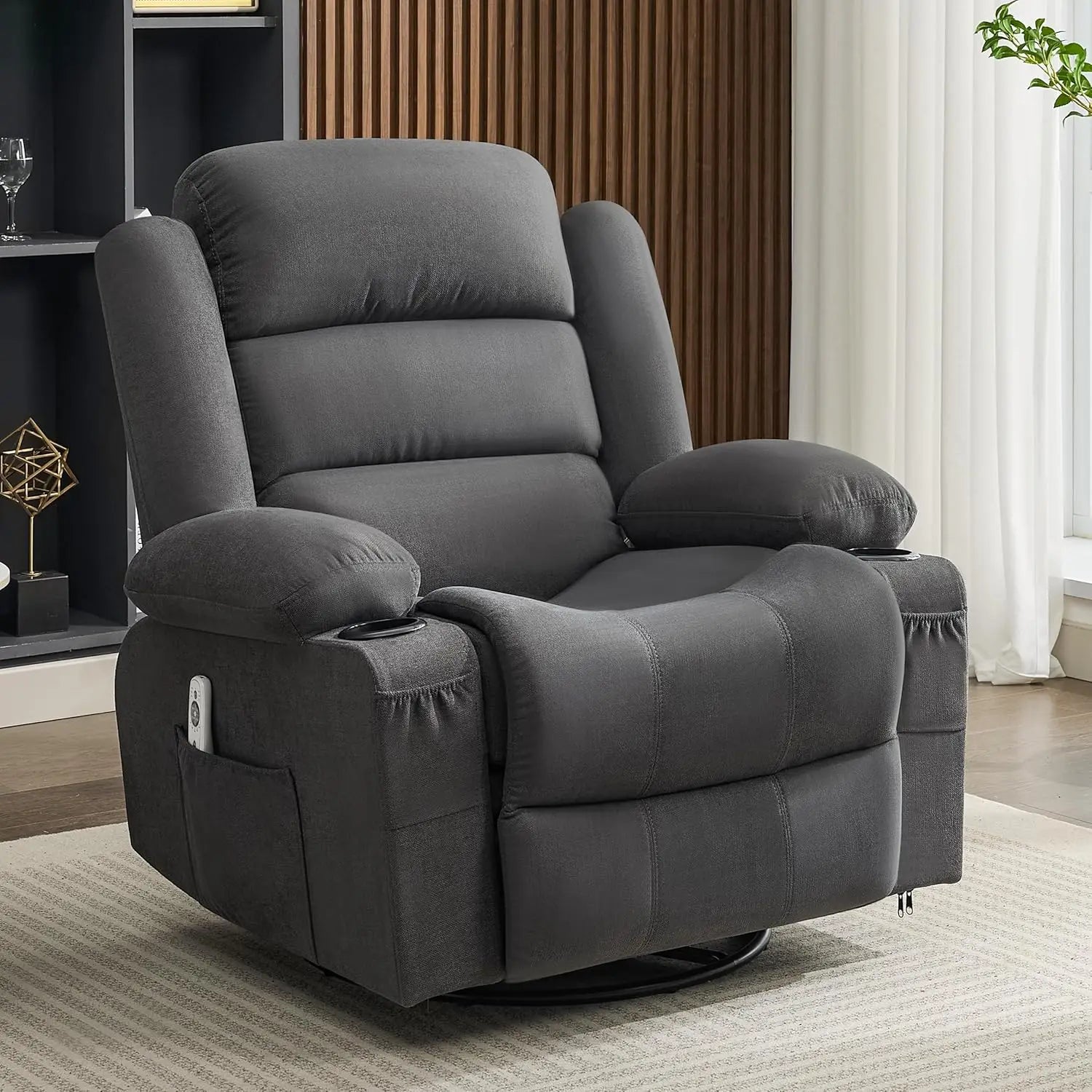 Rocker Recliner Chair with Heat and Massage, 360° Swivel Recliner Chairs for Adults, Oversized Recliner Single Sofa Seat with Cu