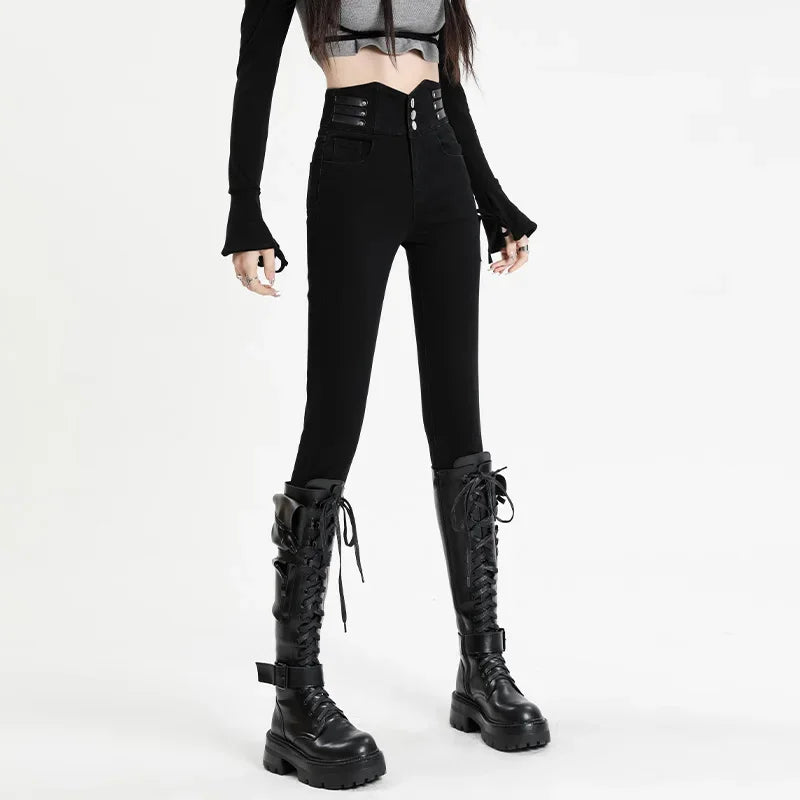 Winter Warm Jeans Women's Fleece Thickened Stretch Skinny Pencil Pants High Waist Slim Fashion Korean velvet Jeans Black Blue