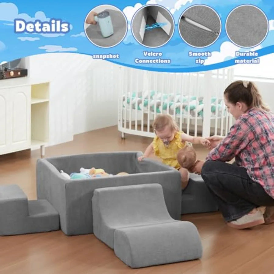 Soft Foam Climbing Blocks with Ball Pit 6PCS Grey Indoor Climbing Toys for Toddler Climb and Crawl Activity Play Set,Grey