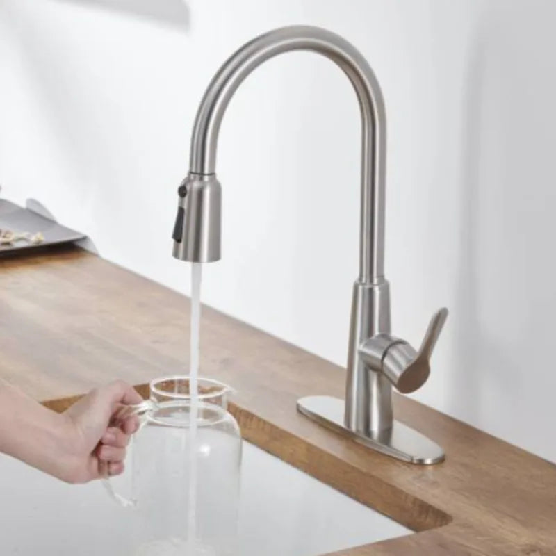 Stainless Steel High Arc Kitchen Faucet  Brushed Nickel Pull Out Sprayer 3 Way Setting Single Handle Leak Proof Sink Fixture