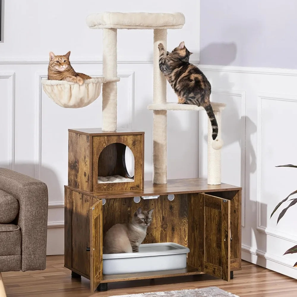 All-in-One Indoor Cat Litter Box Enclosure with Tree, Scratching Posts, and Wooden Furniture for Kittens