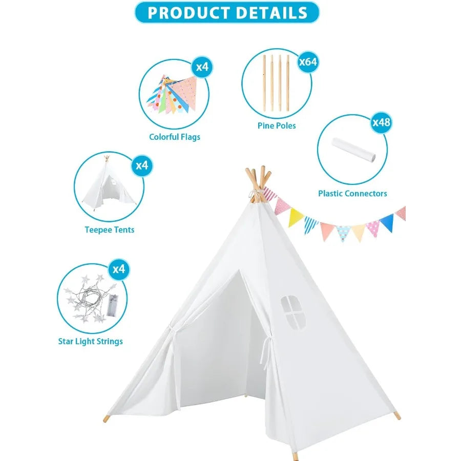 Wilwolfer 4 Pack Teepee Tent for Slumber Party with Lights Indoor Sleepover Play Tents for Girls Foldable Toddler Playhouse Whi
