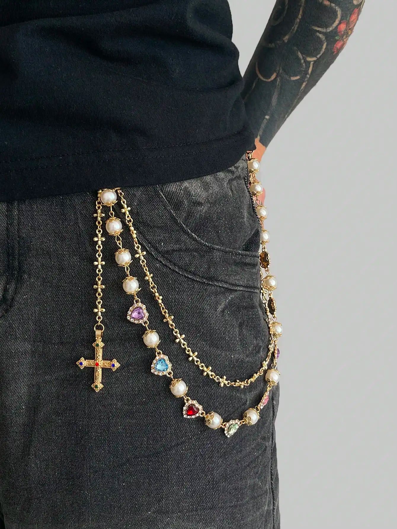 Vintage Punk Hip Hop Pants Chain with Cross, Faux Pearls & Multi-Color Crystals for Men Women