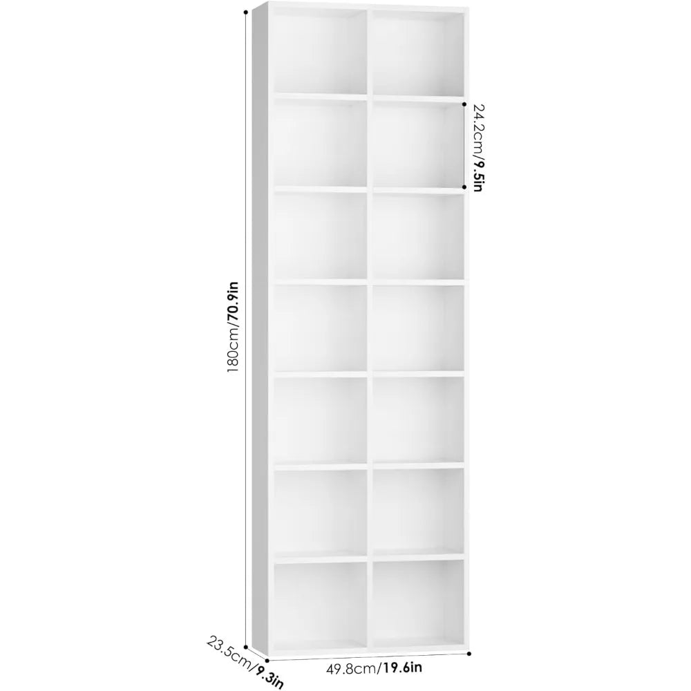 FOTOSOK 71'' White Bookshelf, Double Wide Media Tower Rack CD DVD Rack Display Cabinet with Adjustable Shelves, Tall Narrow Book
