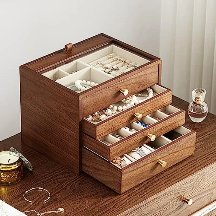 Black Walnut Wooden Jewelry Box for Women Wood Jewelry Organizer 4 Layer with Glass Lid and Pull-out Necklace Storage Layer for