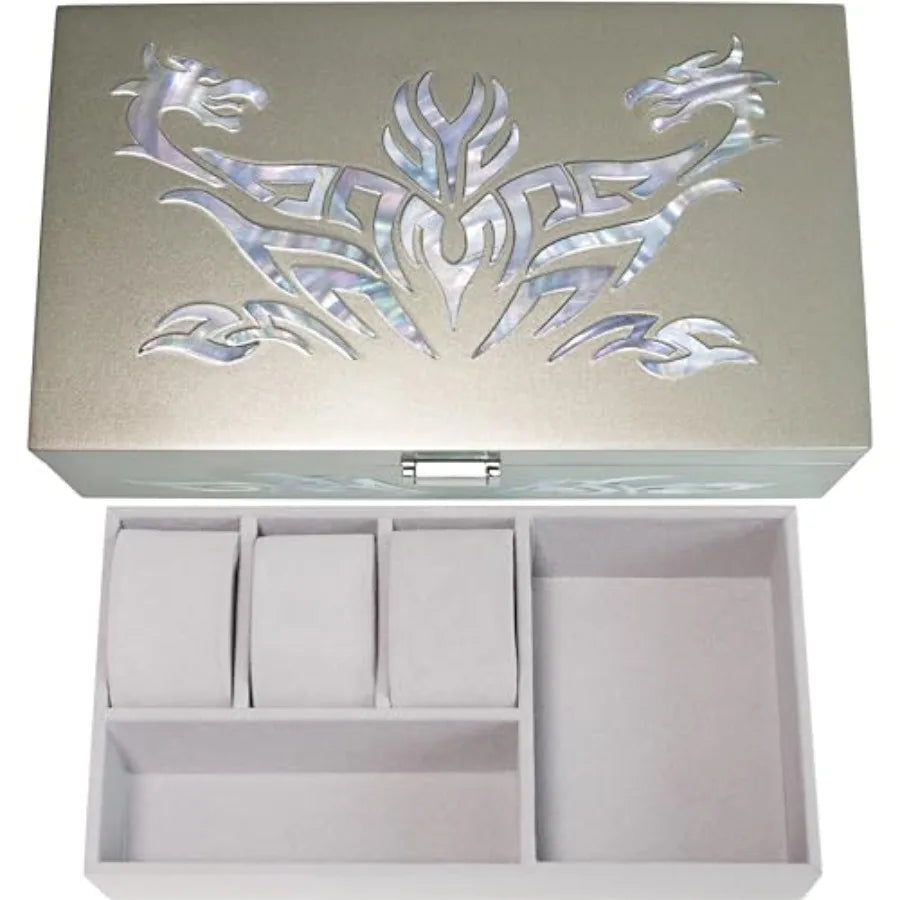 Watch Box Jewelry Organizer Daily Storage Handmade Tribal Dragon Design Metallic Silver
