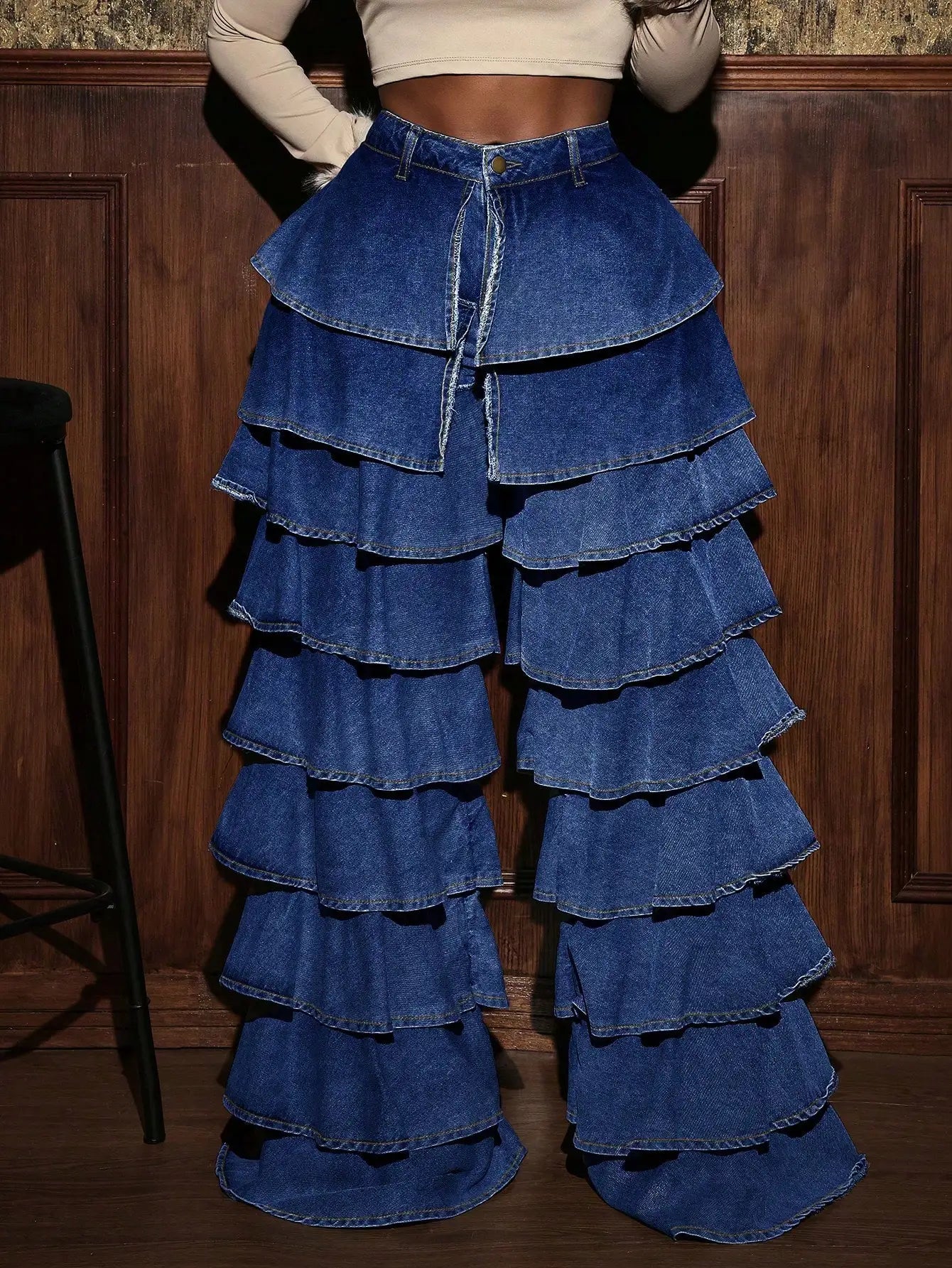 Women's High Waist Ruffled Wide Leg Denim Pants, Casual Layered Tiered Jeans for Streetwear