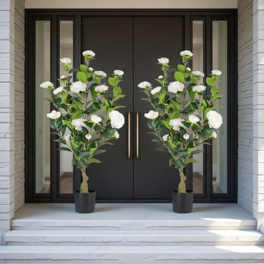 Camellia Tree 2 Pack, 3FT Faux Camellia Plant in Pot, 36 inch Fake Potted Camellia Flower Tree Plastic Camellia Tree for Modern