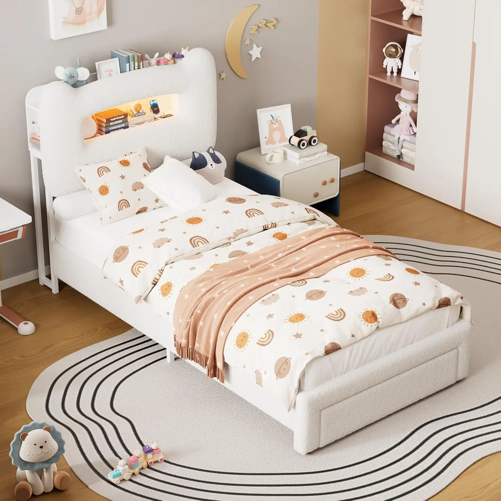 Upholstered Full Bed Frame with 2-Tier Storage Headboard, LED Platform Bed with Charging Station and Drawer for Kids/Girls/Boys,