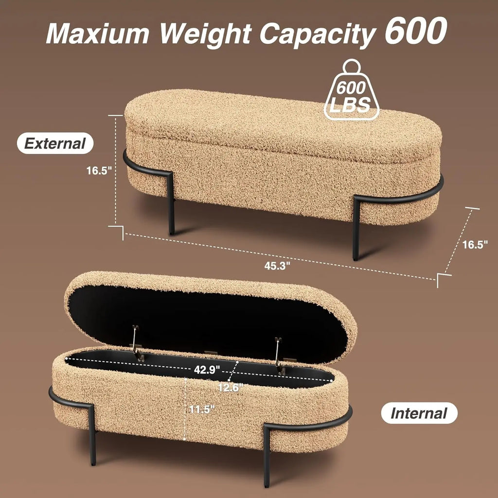 Beige Storage Ottoman Bench with Metal Stand, Upholstered Sherpa Stool, 45''L, Modern Storage Bench for Living Room, Bedroom, En
