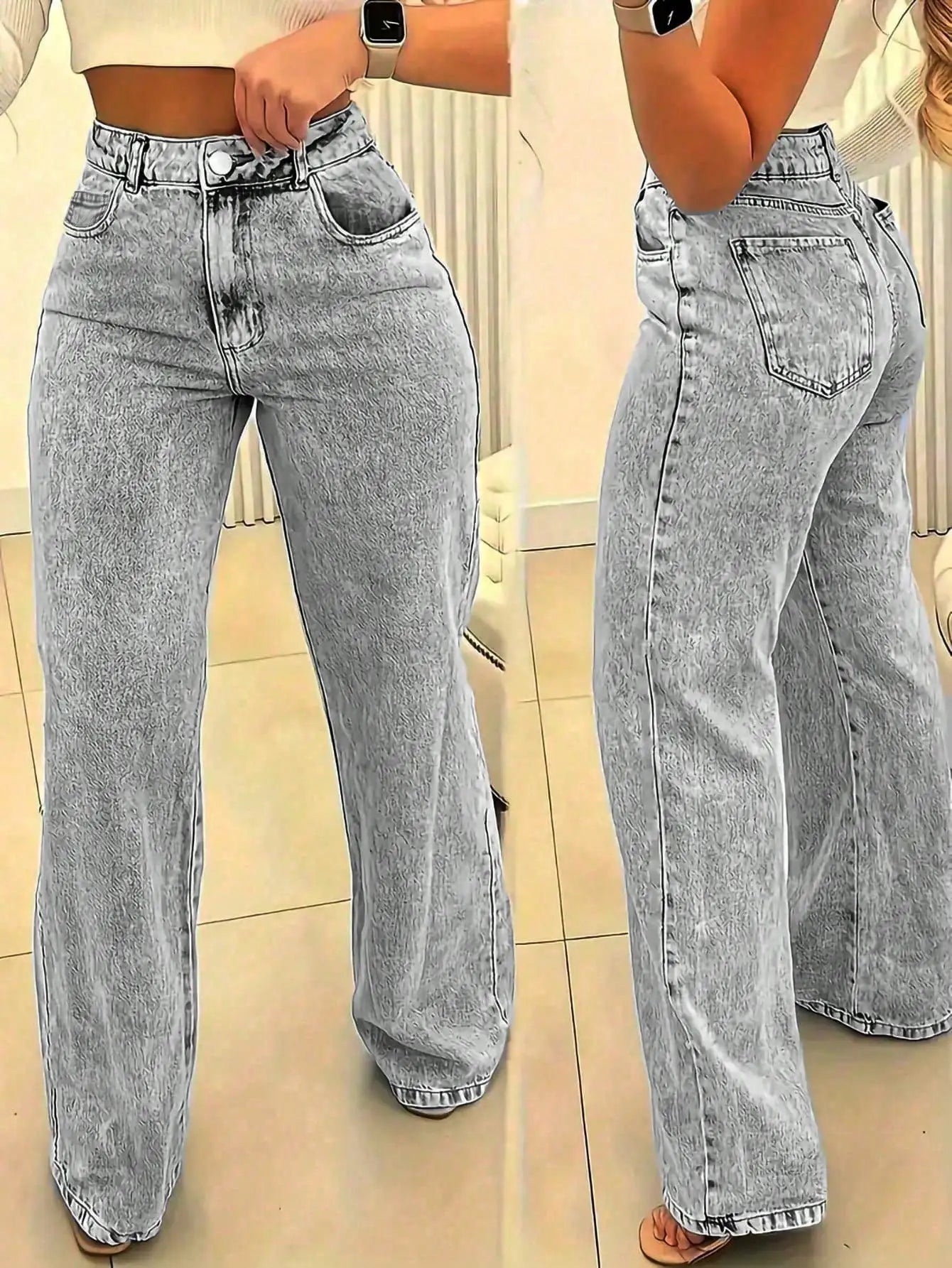 Women's High Waist Wide Leg Jeans, Light Wash Casual Denim Pants with Pockets