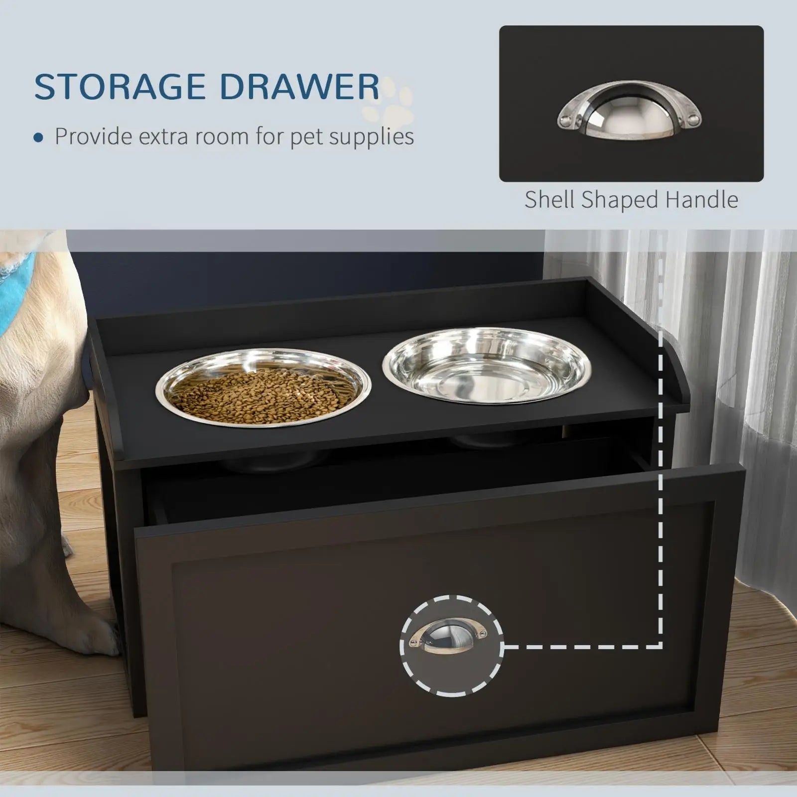 Dog Food Cabinet with Elevated Stainless Steel Bowls Pet Beds Furniture Feeder Organizer for Feeding Area