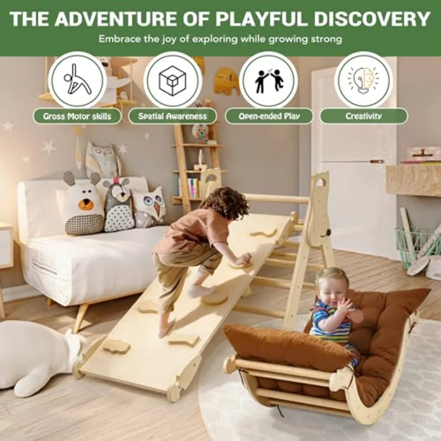 Large Foldable Toddler Climbing Toys Indoor Jungle Gym Pikler Triangle Set with Cushion S-lide and Arch 7-in-1 Montess