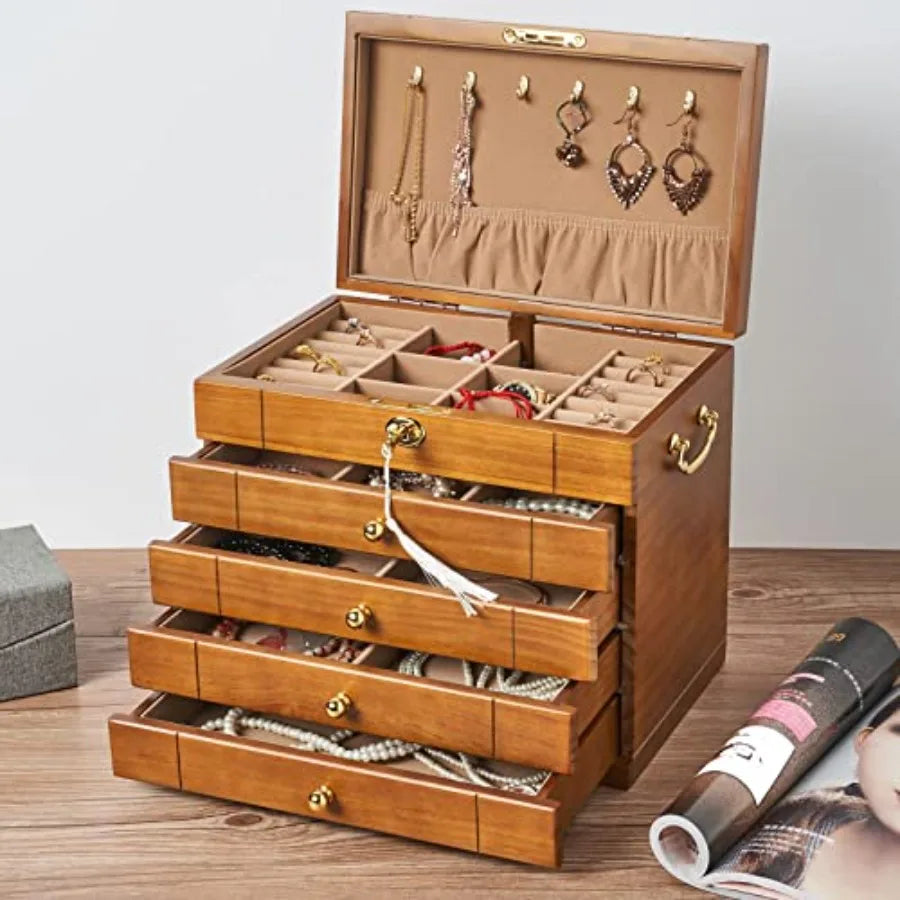 Wooden Jewelry Box for Women Organizer Box of Solild Wood with Combo Lock for Jewelries Watches Necklace Ring Storage Box Light
