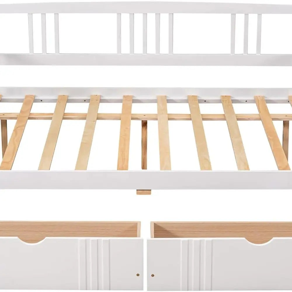 Merax Daybed Full Bed with Drawers, Wooden Slats Support Modern Living Daybed with Rails (White)