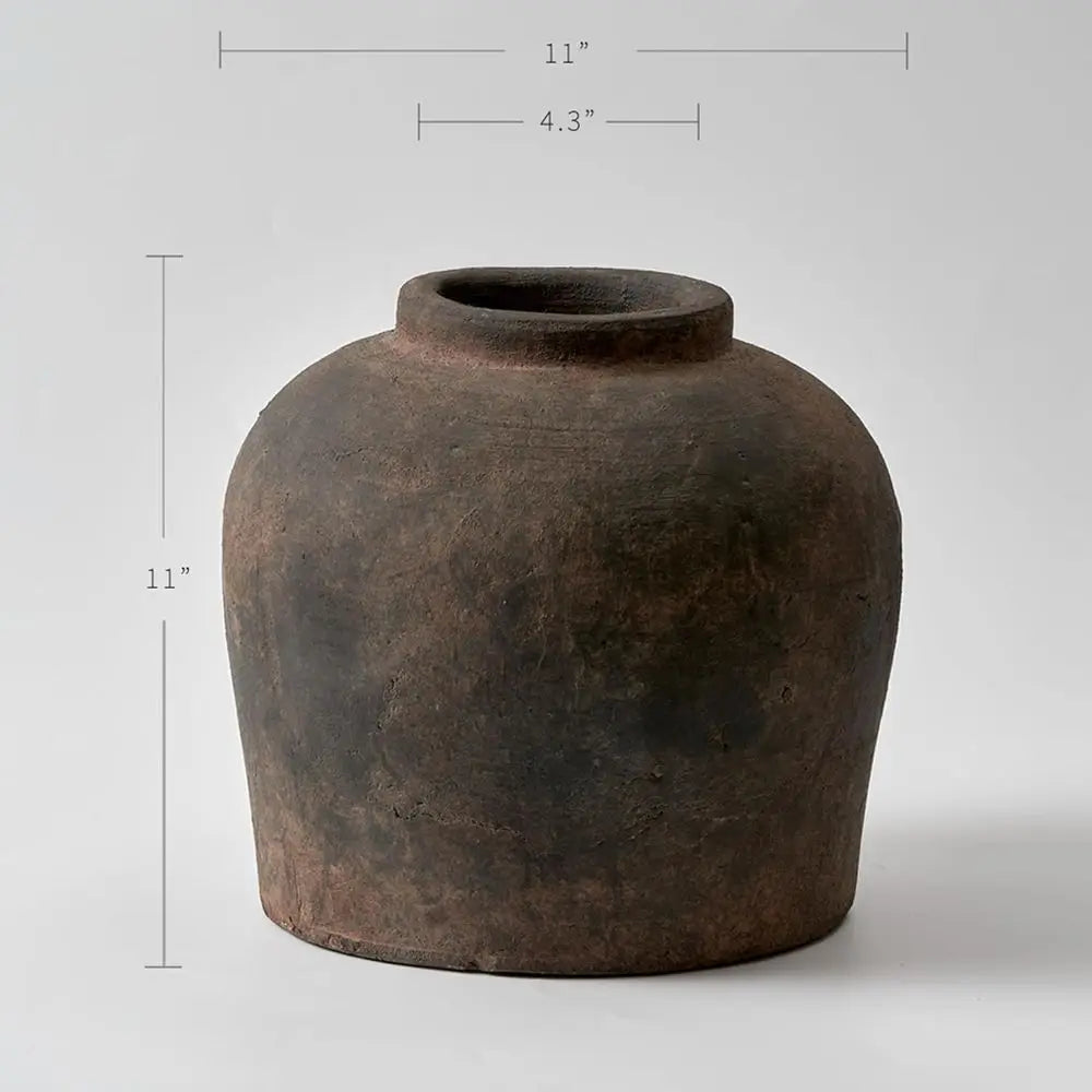 Eleven-Inch Zen-Inspired Brown Ceramic Vase, Terra Cotta Style, Distressed Farmhouse Decorative Pottery for Home