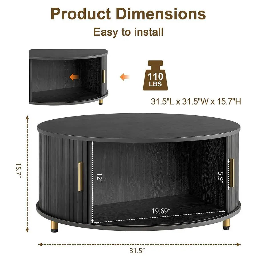 Round Coffee Table, 31.5 Mid Century Modern Coffee Table with 360 Sliding Tambour Door, Fluted Accent Coffee Table with Storage