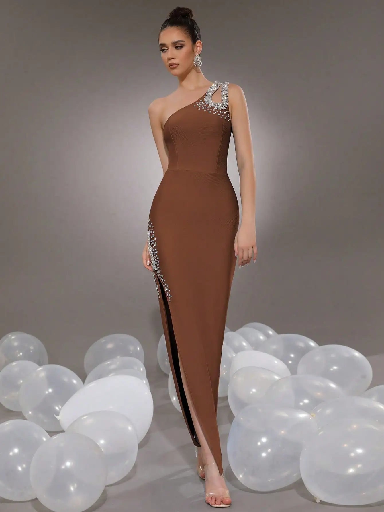 Black One-Shoulder Rhinestone Bodycon Maxi Dress with High Slit for Formal Evening Prom Wedding