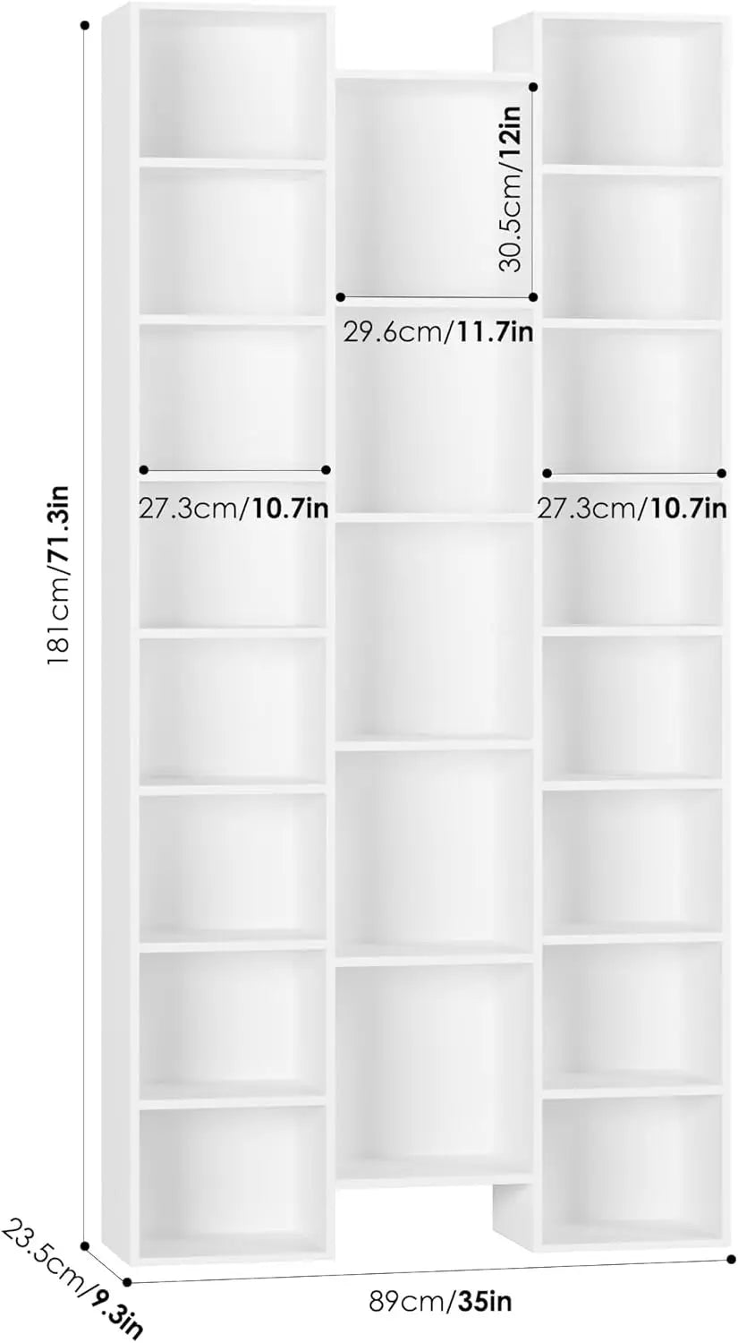 Triple Wide 8 Tier Media Storage Tower Rack, 71’’ Large CD DVD Storage Tower Rack with Adjustable Shelves, White Bookshelf,White