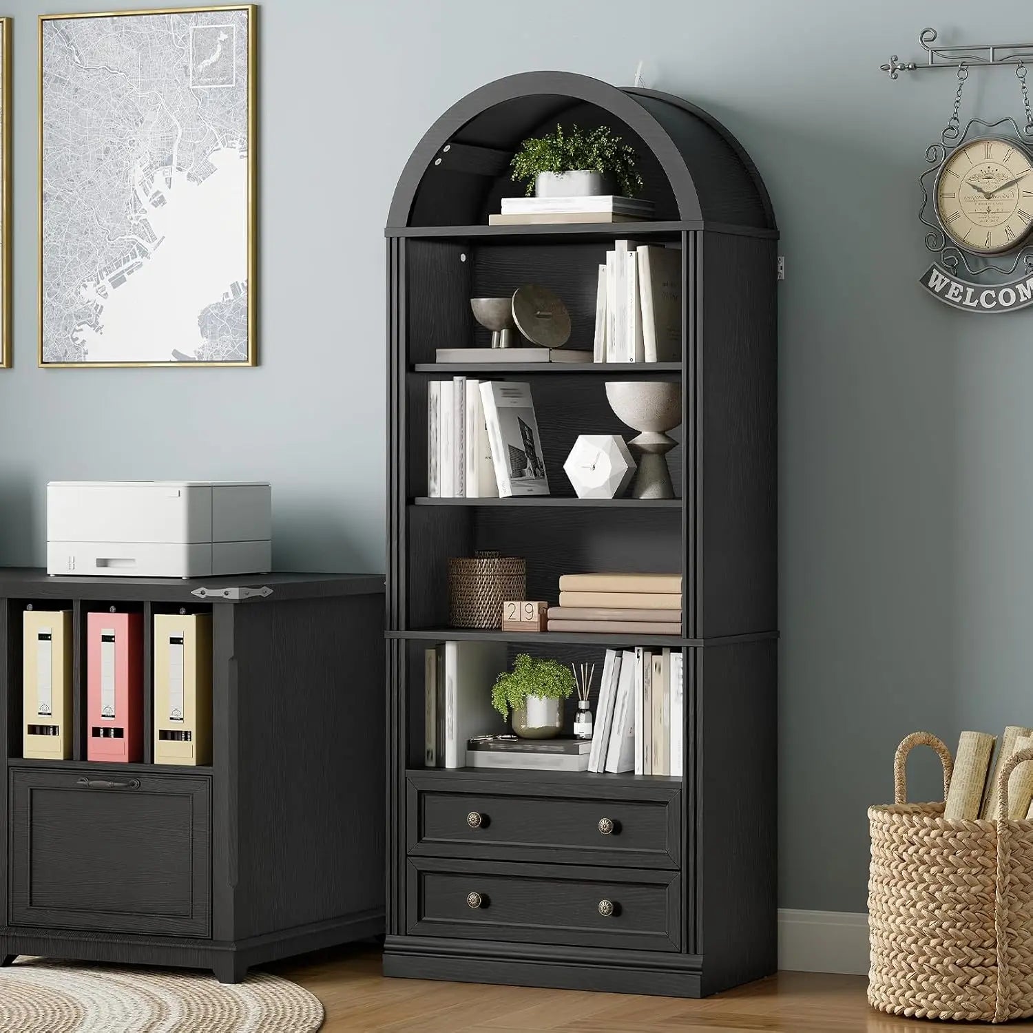 Farmhouse Arched Bookshelf, 7 Tiers Arch Bookcase with 2 Spacious Drawers, Modern Book Shelf with Open Display, Customized