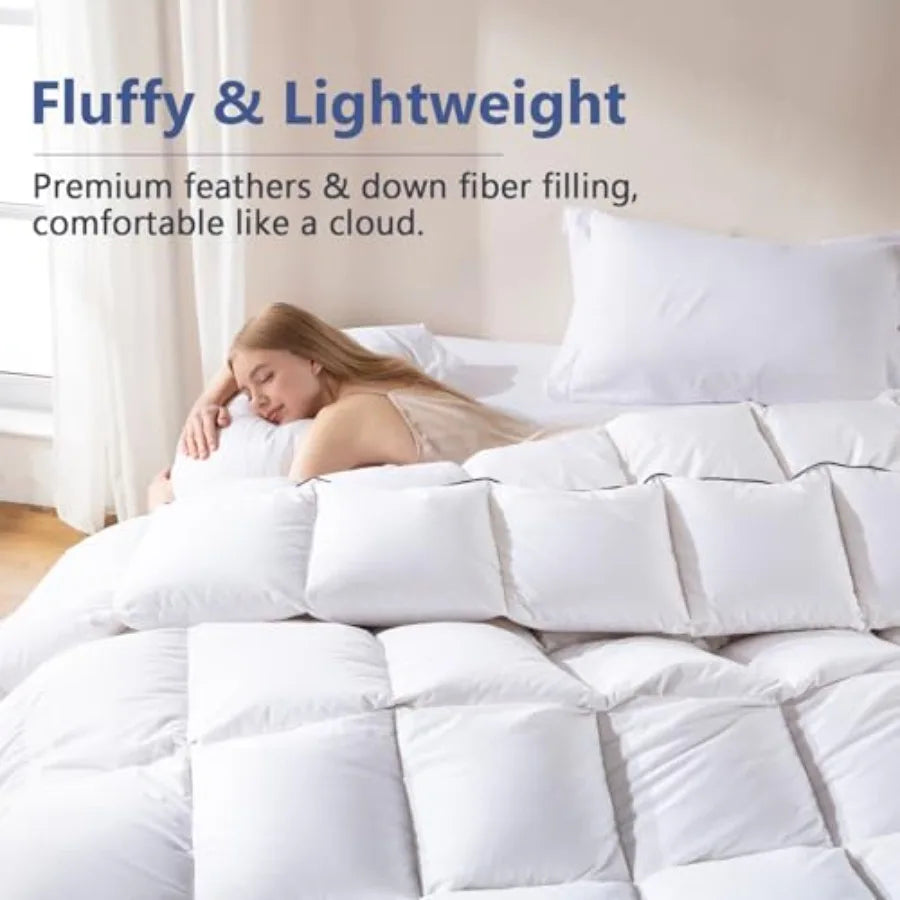 Oversized King Feather Down Fiber Comforter 100 Cotton Cover Ultra Soft Fluffy Duvet Insert All Season Luxurious Hotel Bedding