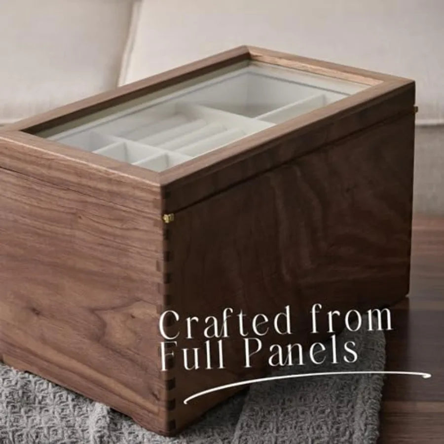 Black Walnut Wooden Jewelry Box - Allwood Handcrafted Glass Lid 2 drawer. Gift for Women Men and Girls. large Jewelry Organizer