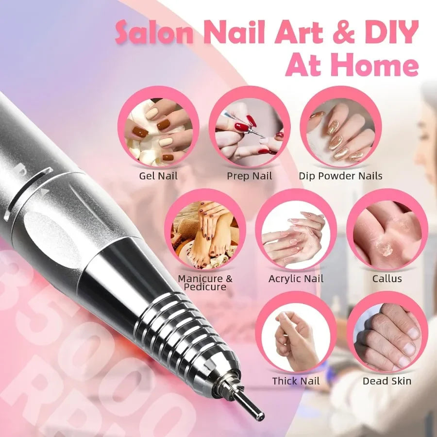 Portable Rechargeable Nail Drill Tool Kit with 35000RPM HighSpeed Electric Nail File and LED Display for Professional Manicure