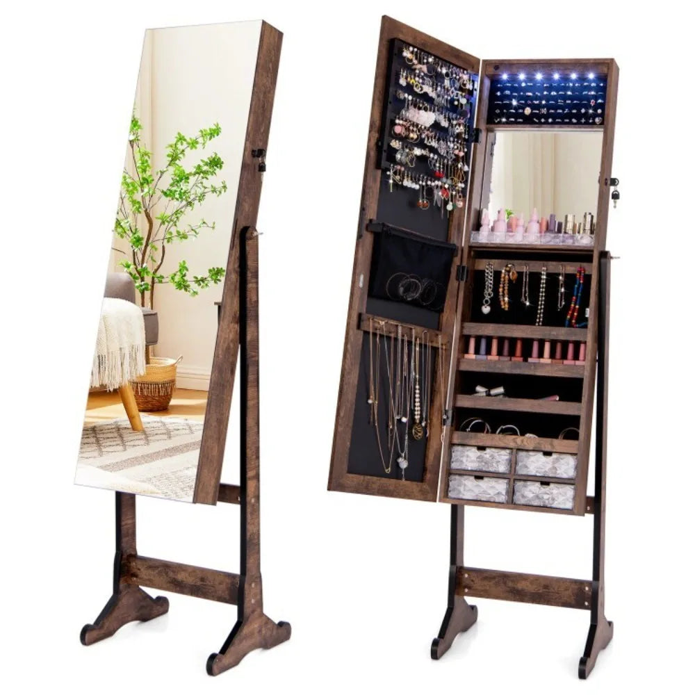 Jewelry Storage Cabinet Armoire FreeStanding Full Length w/ LED Lighted Mirror