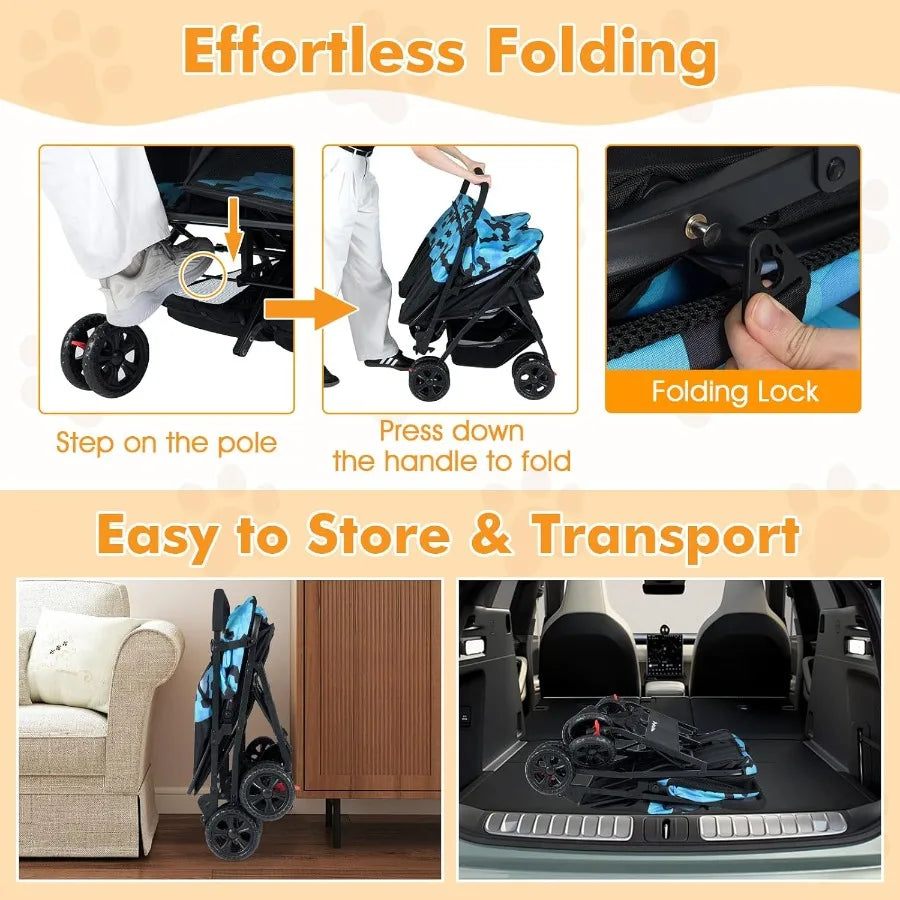 Double Pet Stroller Foldable Double Dog Stroller with 2-Seater Carrier Adjustable Sunshade Removable Pad Safety Belt Storage Ba