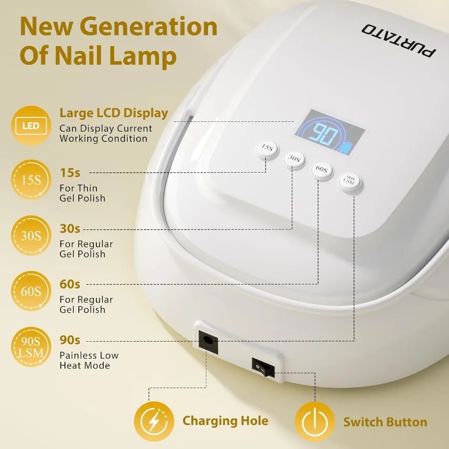 126W Cordless Rechargeable UV LED Nail Lamp Fast Curing Gel Nail Dryer with 4 Timers Portable Professional Nail Light for Salon