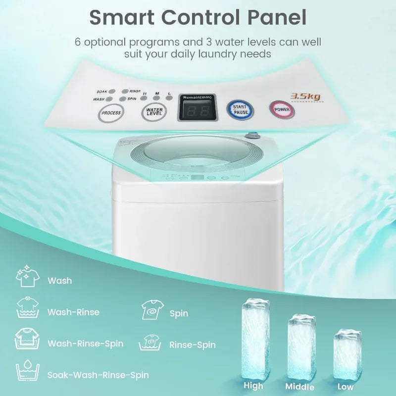 Full-Automatic Portable Washing Machine, 8 LBS Capacity w/6 Programs & 3 Water Levels, LED Display, Drain Pump, Compa