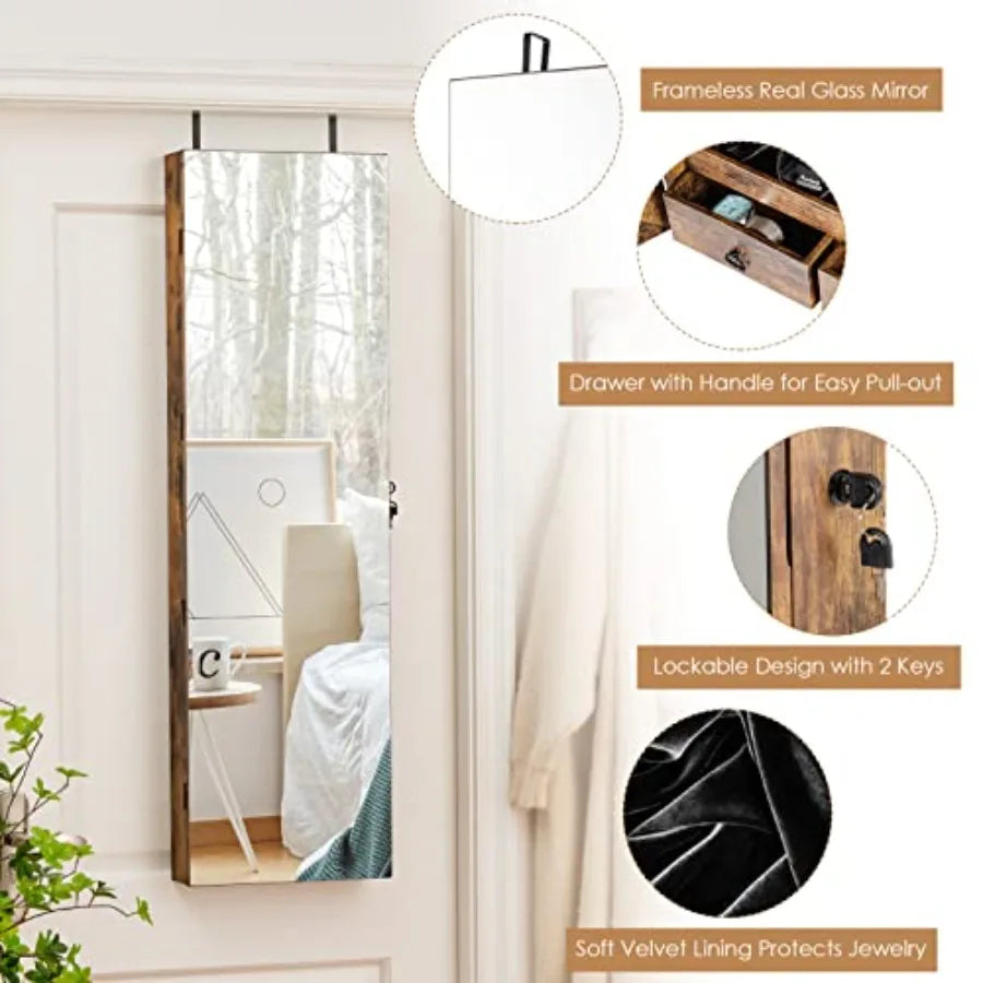 Jewelry Armoire Wall Door Mounted Hanging Jewelry Organizer w/Full-length Mirror 2 LED Lights and 2 Drawers Lockable Large Stor
