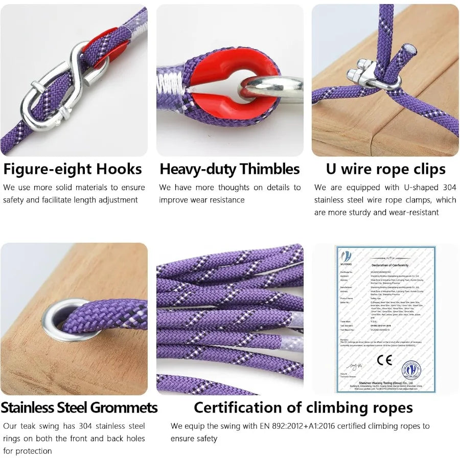 Teak Wooden Swing Outdoor Wood Tree Swing Seat for Adults Backyard Columpio Swing Set Height Adjustable 16.7x7inch