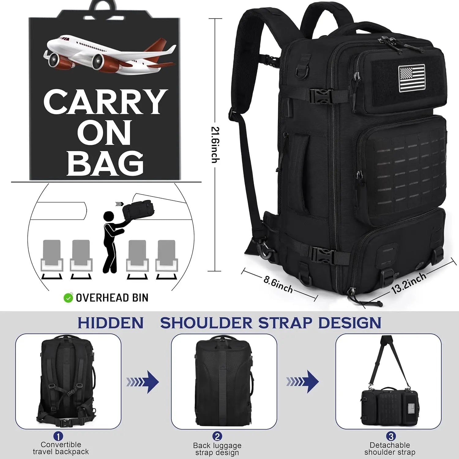 Mens 40L Travel Backpack TSA Approved USB Charging Port Water-resistant Convertible Duffle Luggage Bag Fits 17.3' Laptop