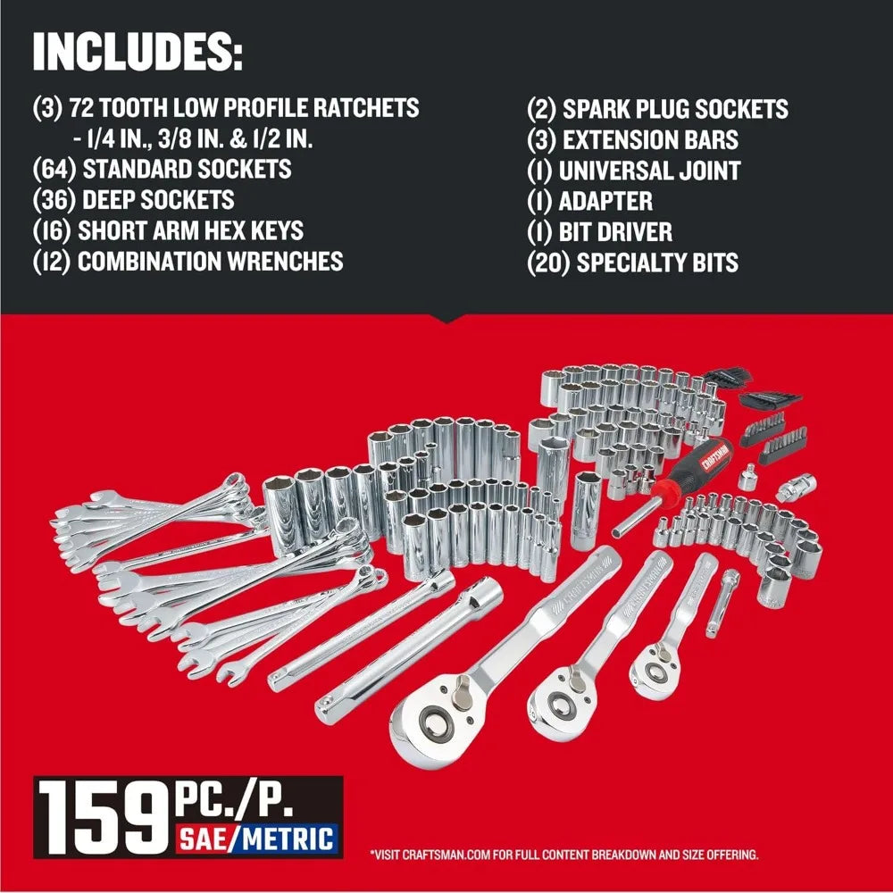 CRAFTSMAN Socket Set, 159 Piece Socket Wrench Set Mechanics Tools 1/4-in., 3/8-in., and 1/2-in(, 6 Point and 12 Point (CMMT12125