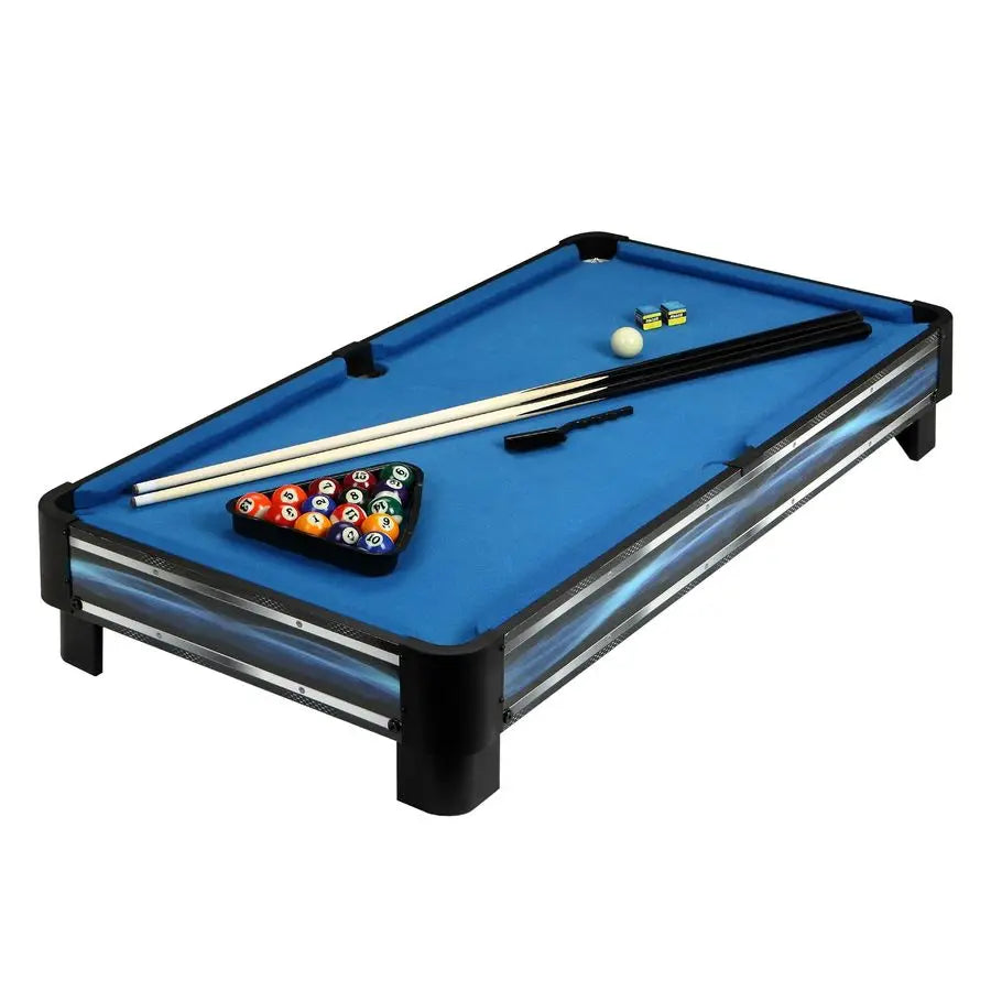 Breakout 40in Tabletop Billiards Set for Dining or Game Tables Compact Blue Pool Playing Surface with Cue Sticks, Ball Kit, Tria