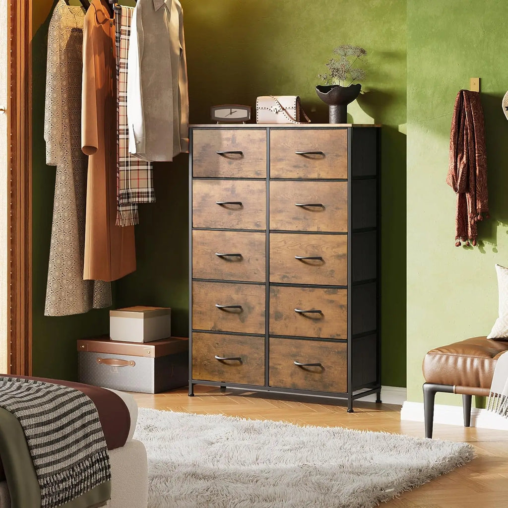 Tall Fabric Dresser with 10 Drawers, Metal Frame, Rustic Brown Wood Grain Print for Bedroom Storage