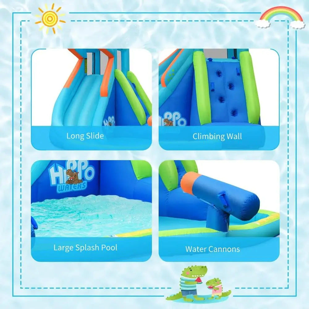 Hippo-Themed Inflatable Water Slide for Kids & Adults: Backyard Water Park with Climbing and Bounce House (No Blower Included)