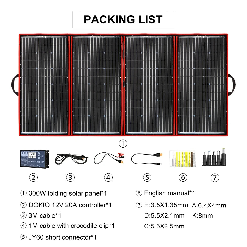 DOKIO 18V Foldable Solar Panel With Portable 12V Charger For Camping/Powerbank/Battery/Home 300W Solar Kit
