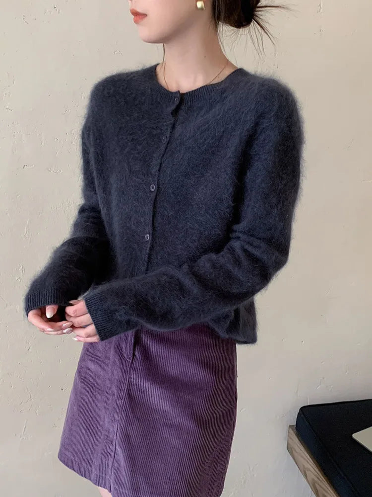 Women Fleece Wool Cashmere Sweater Cardigan Autumn Winter Round Neck Seamless Single Breasted Soft Knitwear