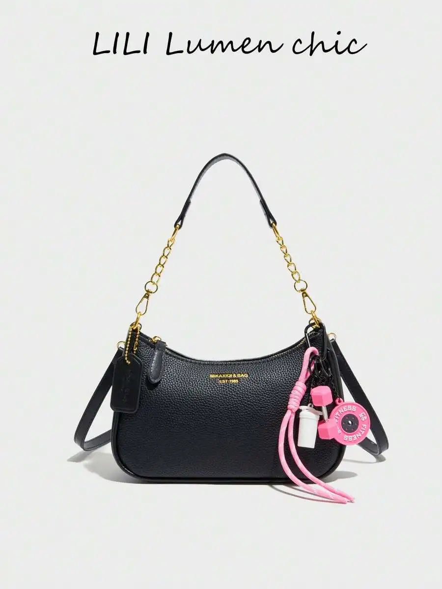 Black Pebbled PU Crescent Shoulder Bag with Gold Chain & Cherry Charm
