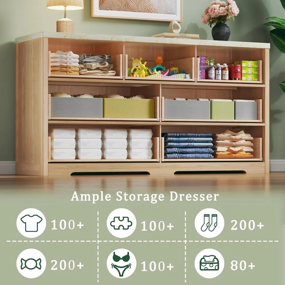 Dresser for Bedroom with 7 Drawers, 53" Wide Mid Century Modern Dressers with Faux Marble Top & Metal Handle, Wooden Chest