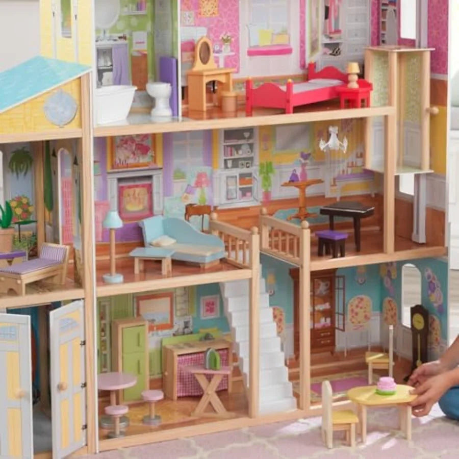 Wooden Dollhouse with 34-Piece Accessories, Working Elevator and Garage, Gift for Ages 3+