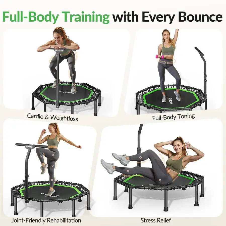 51 Octagonal Mini Trampoline, Max Load 450 LBS Fitness Trampoline with TAdjustable Handle Bar, Silent Bungees, Larger, More Stab