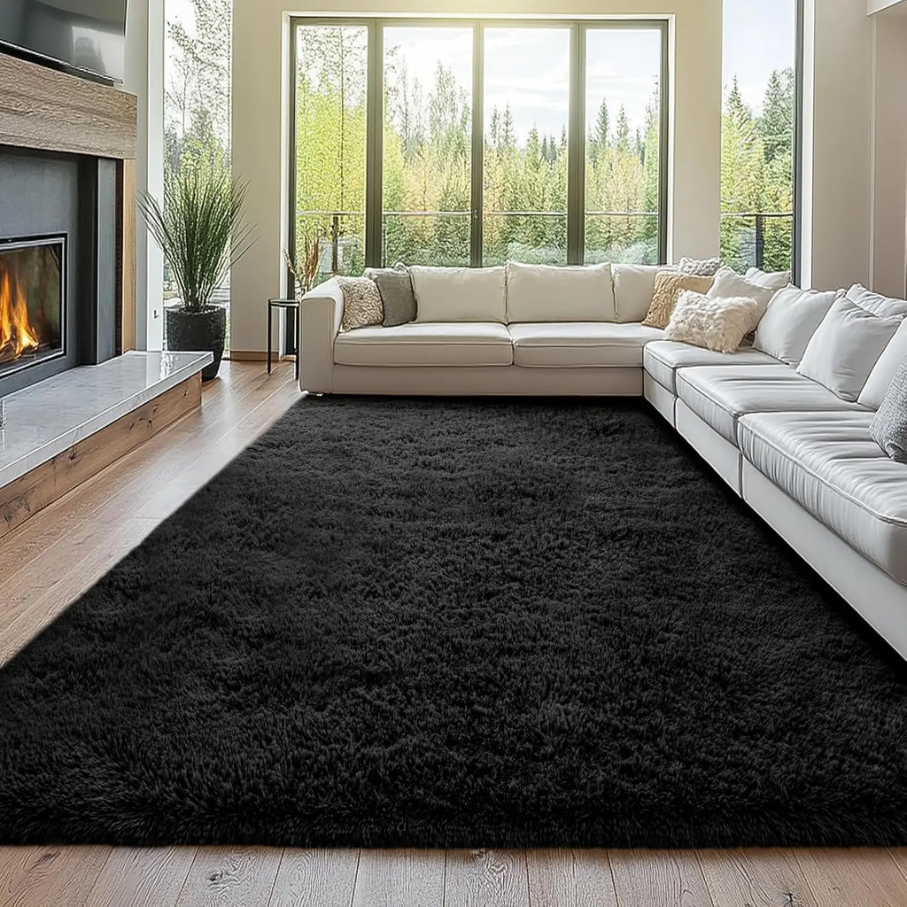 10x14 Black Shag Area Rug: Super Soft Large Modern Carpet for Living Room, Bedroom - Non-Slip Fluffy Indoor Floor Mat