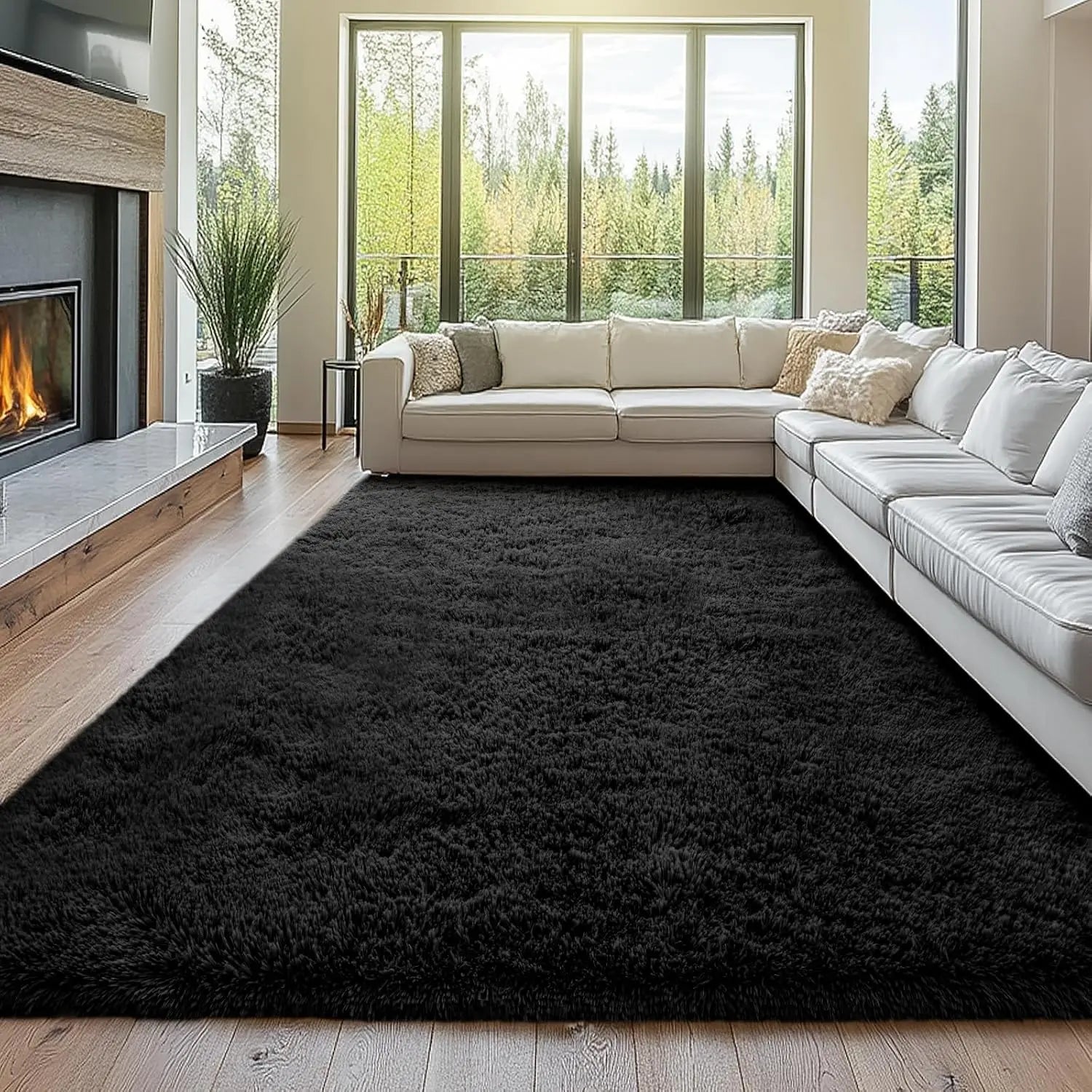 10x14 Black Shag Area Rug: Super Soft Large Modern Carpet for Living Room, Bedroom - Non-Slip Fluffy Indoor Floor Mat