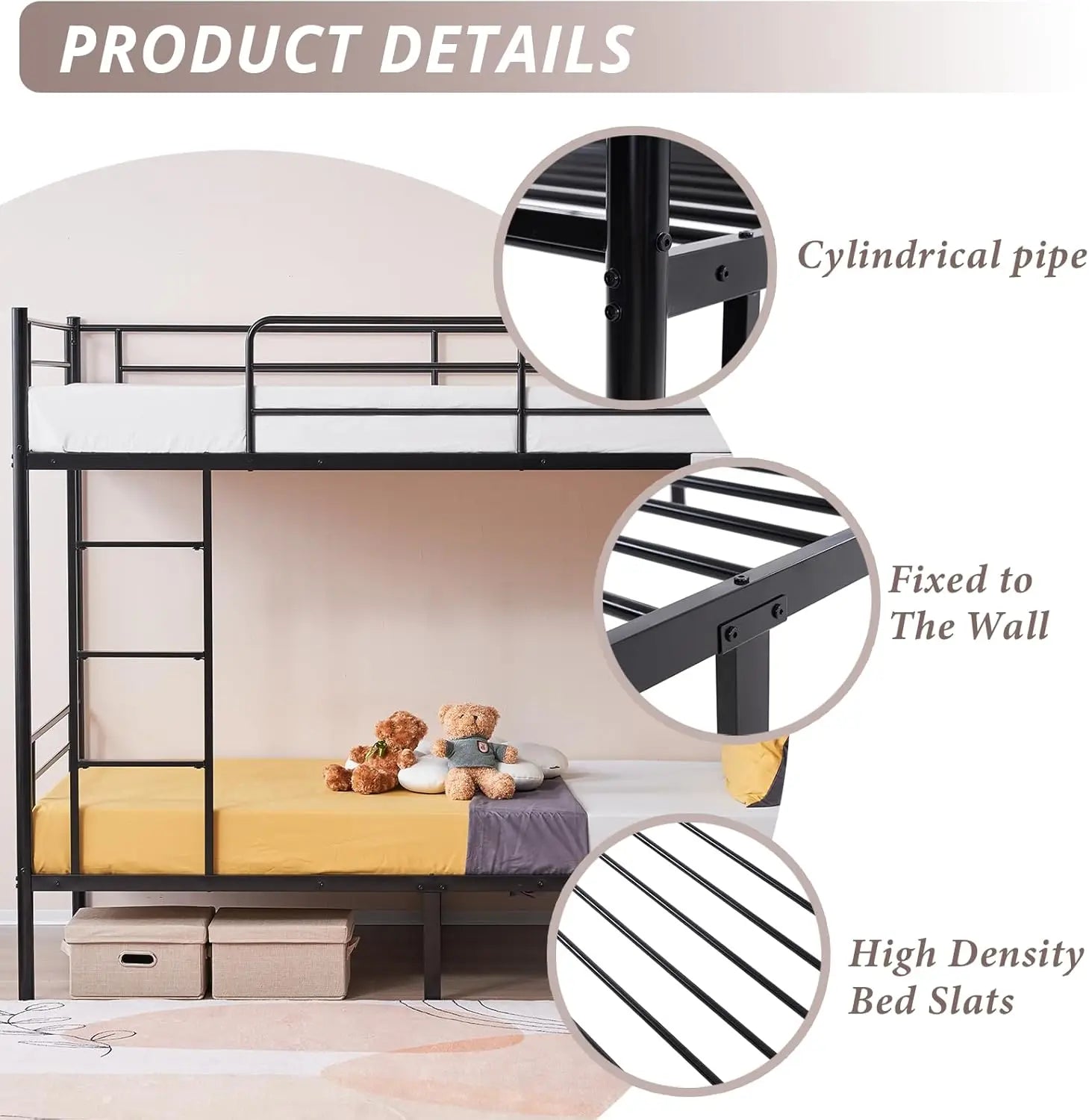 Black Twin Over Twin Bunk Bed with Ladder & Guardrail, Space-Saving Metal Bed for Kids, Teens, Adults