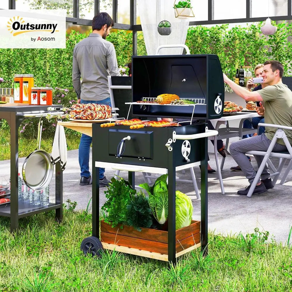 Charcoal BBQ Grill, Outdoor Portable Cooker for Camping or Backyard Picnic, Barbecue Grill with Side Table, Bottom Storage Shelf