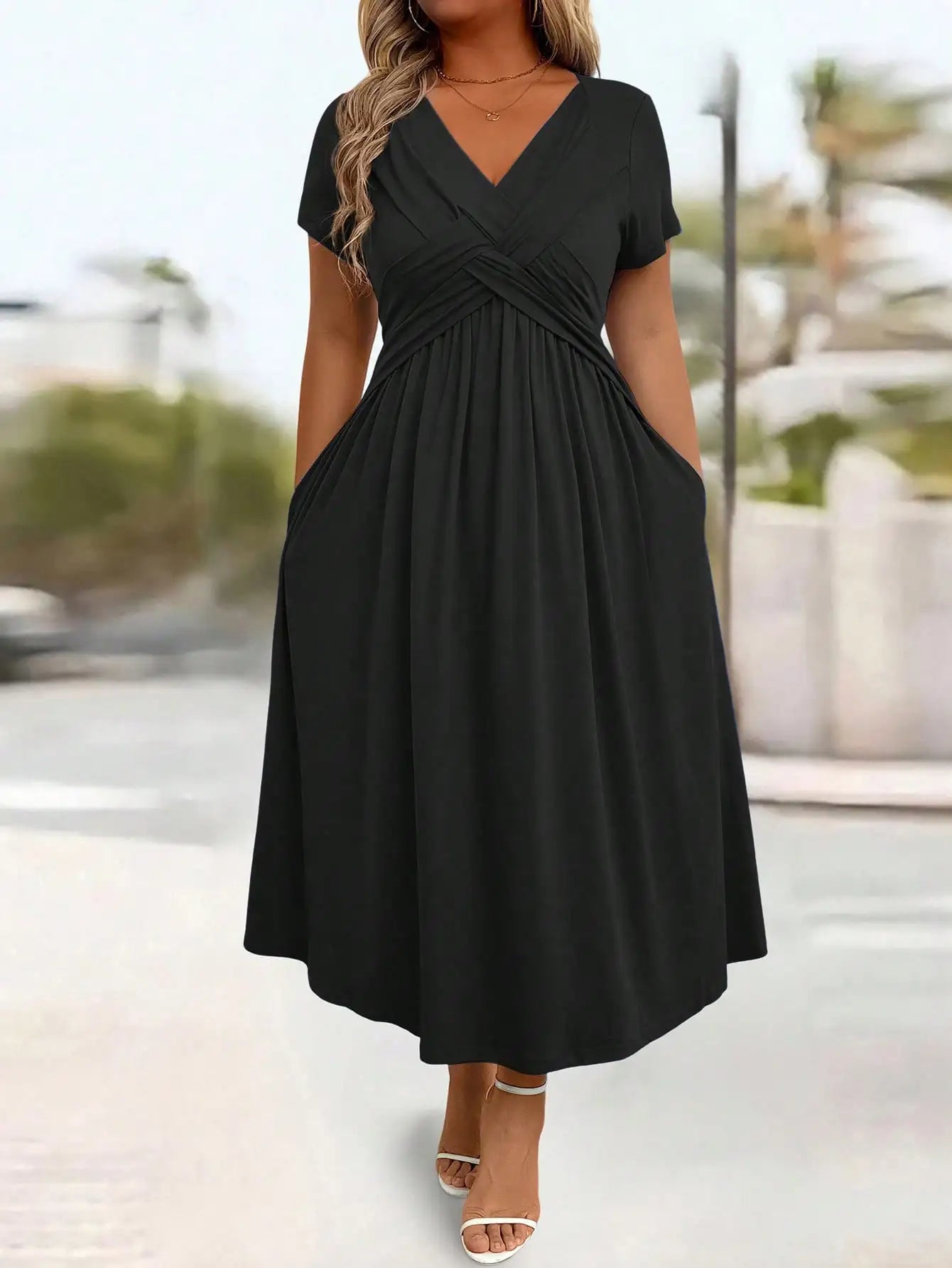 Plus Size V-Neck Twist Front Midi Dress with Pockets - Casual Black Women's Summer Outfit